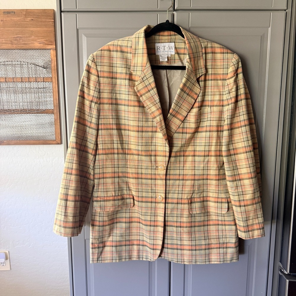 R.T.W Vintage Womens Plaid Two-Button Blazer Jacket, Green Orange, L